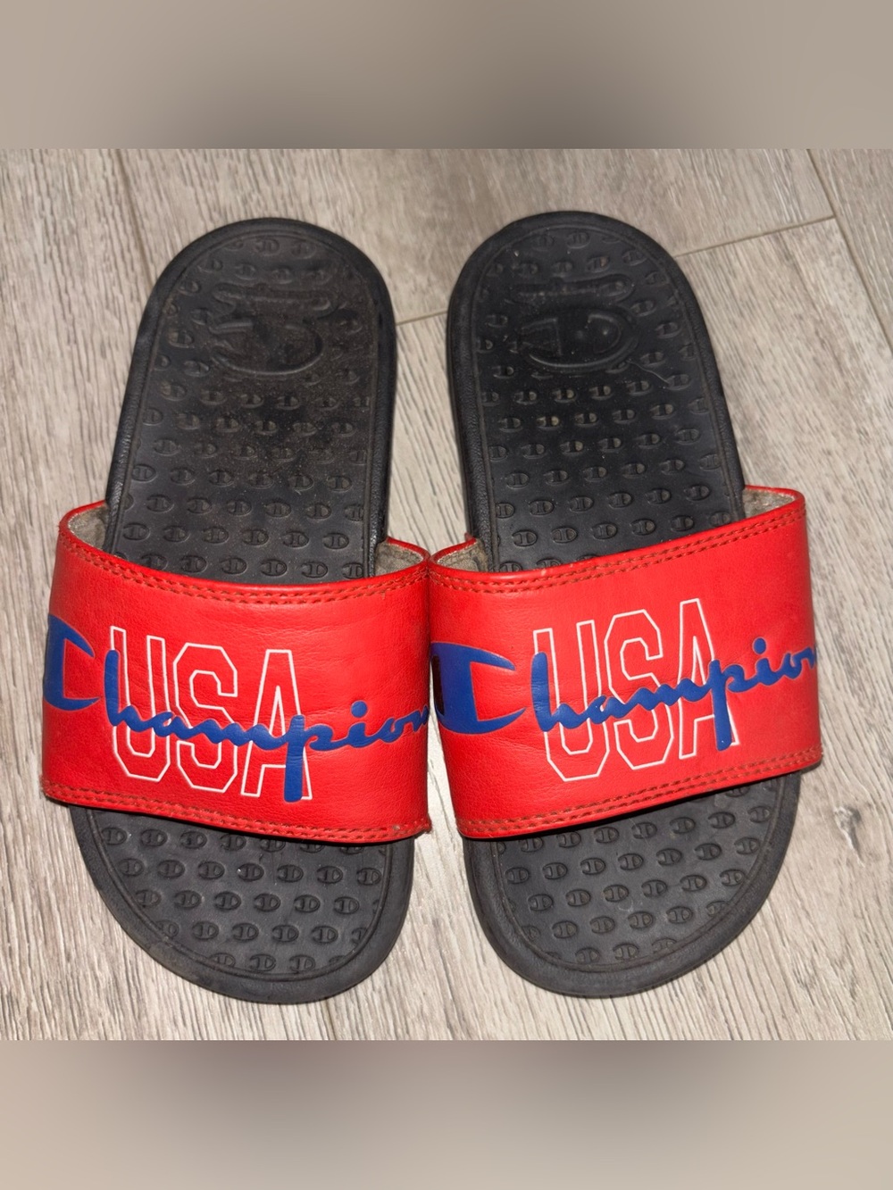 Champion Red and Blue Kids Slide Sandals with USA Graphic